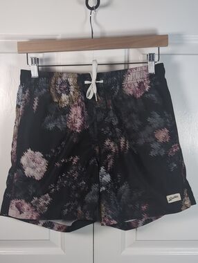 Bather Men's Black Floral Ripple Swim Trunks Mesh Lining Board Shorts Size Small